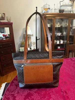 Celine Brown Macadam Coated Canvas and Tan Leather Tote Bag - Image 1 of 4
