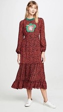 Rixo Womens Black Red Green Silk Geometric Print Midi Dress sz XS
