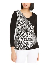 ALFANI Womens Black Patterned Long Sleeve V Neck Wrap Top XS