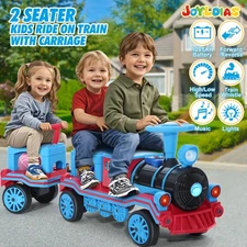 Blue Electric 12V Kids 2-Seater Ride On Train Carriage,Music,Lights,Storage