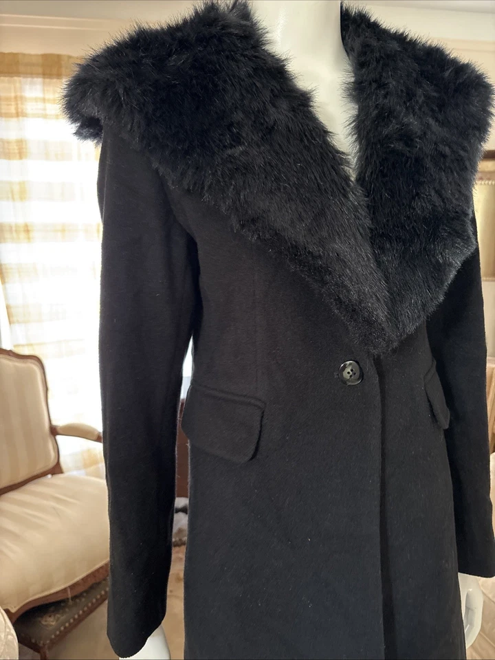 复古 Express Maxi 黑色羊毛大衣人造毛皮领连帽口袋内衬 S 码 — 第 3/4 张图片