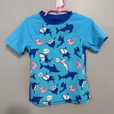 Lands End Boys Blue Shark Swim Rash Guard Shirt Medium