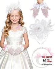 Girls Tea Party Fascinators Hats Lace Gloves Pearl Necklace Set for White