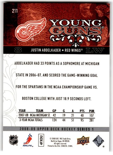2008-09 Upper Deck Young Guns Justin Abdelkader Rookie #211 Detroit Red Wings - Picture 2 of 2