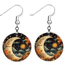 Autumn Crescent Moon Celestial Earrings NO TARNISHING Wood Dangle Fall Jewelry