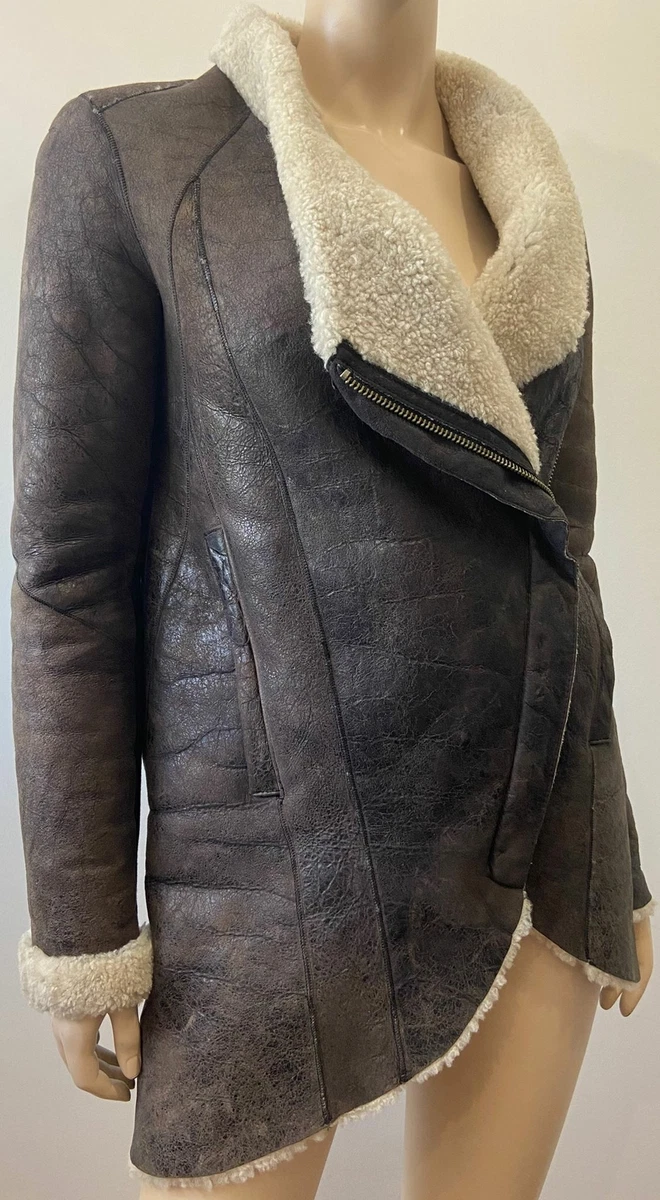 HELMUT LANG Chocolate Brown Pre Weathered Distress Look Sheepskin Jacket P