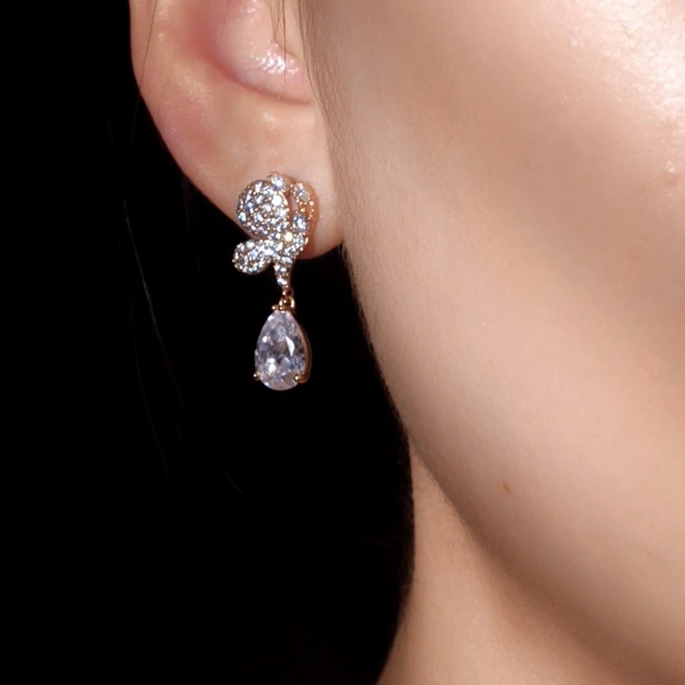 18k gold gf pear crystal stud drop dangle symmetrical butterfly earrings - Image 2 of 4