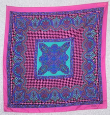 Axcess Floral Scarf Turquoise Blue Pink Border Italian Silk Polyester 30x30