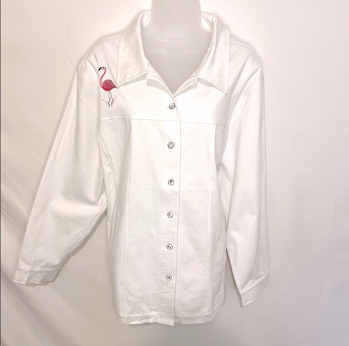 NWOT Quacker Factory Jacket Plus 2X Women White Pink Flamingo Rhinestone Button