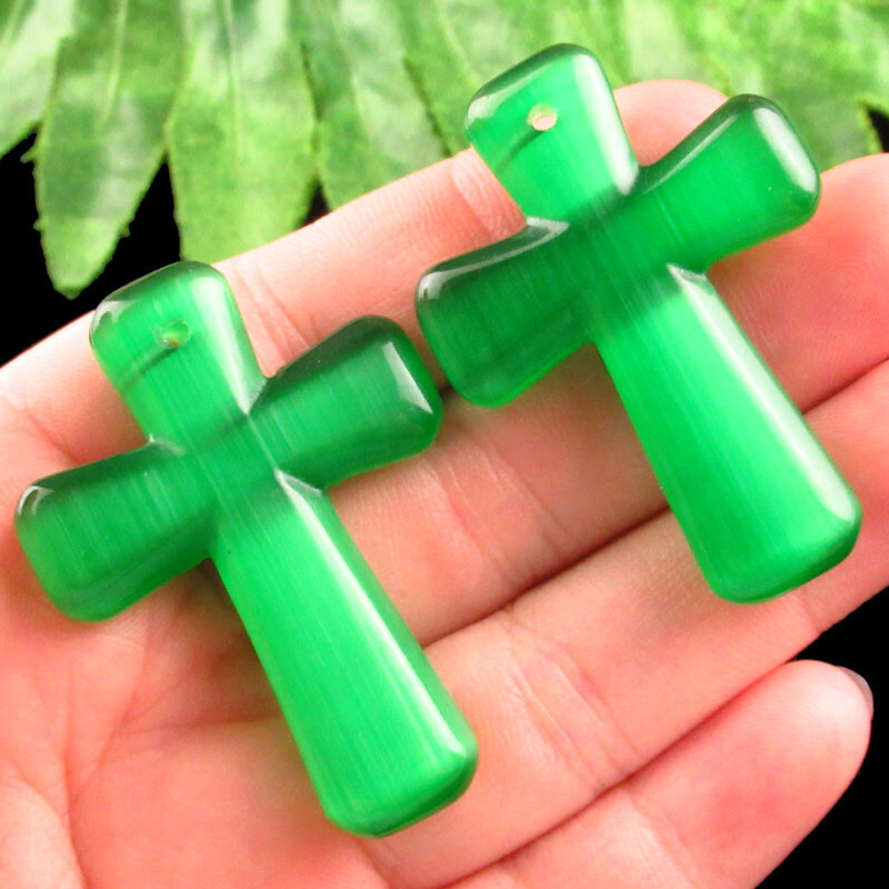 2Pcs 48x35x7mm Green Cat Eye Gem Cross Pendant Bead B67018