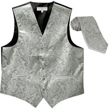 New men's formal vest tuxedo waistcoat self tie necktie paisley Silver 5XL 6XL