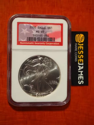 2000 $1 AMERICAN SILVER EAGLE NGC MS69 USA FLAG LABEL