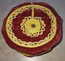 Maroon Kufi Men Muslim Velvet Embroidered Lined Prayer Hat Gold Trim With Mirror