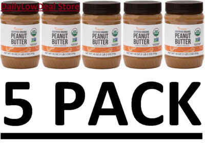 5 PACK - Certified Organic Peanut Butter Smooth & Unsalted 18 oz (Total 90 oz)