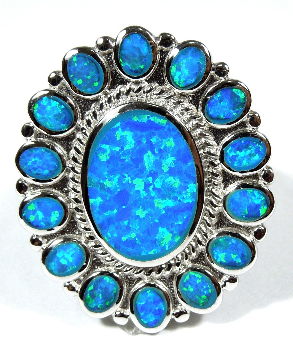 Huge High Quality Blue Fire Opal Inlay Solid 925 Sterling Silver Ring Size  6-8