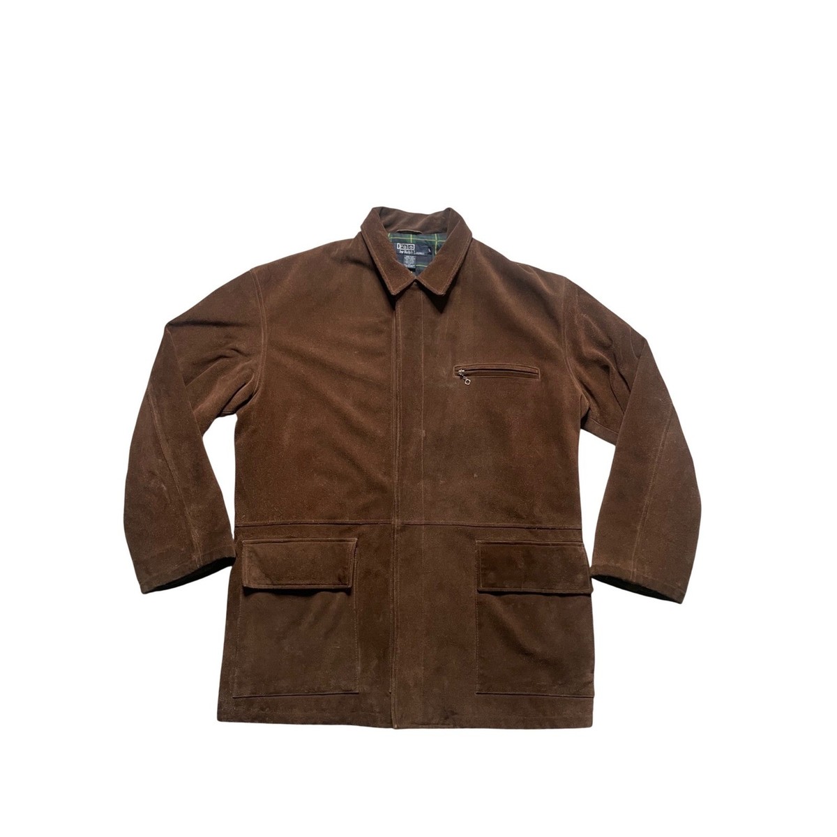 Polo Ralph Lauren Suede Leather Jacket Brown Plaid Lined Zip Front