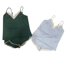  2 Lace Trim Cami Top and Shorts Pajama Set Sleepwear Loungewear Blue Green
