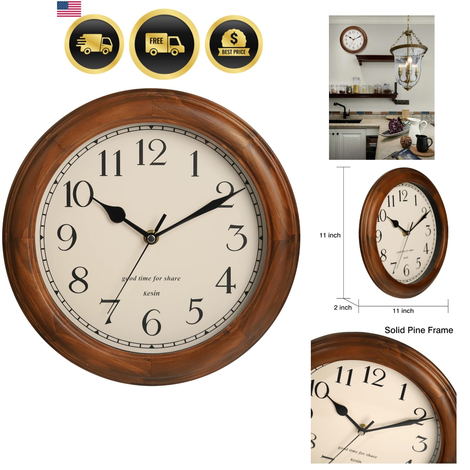 Wooden Wall Clock with Retro Design, 11 Inches Round Wall Clocks Battery Oper...
