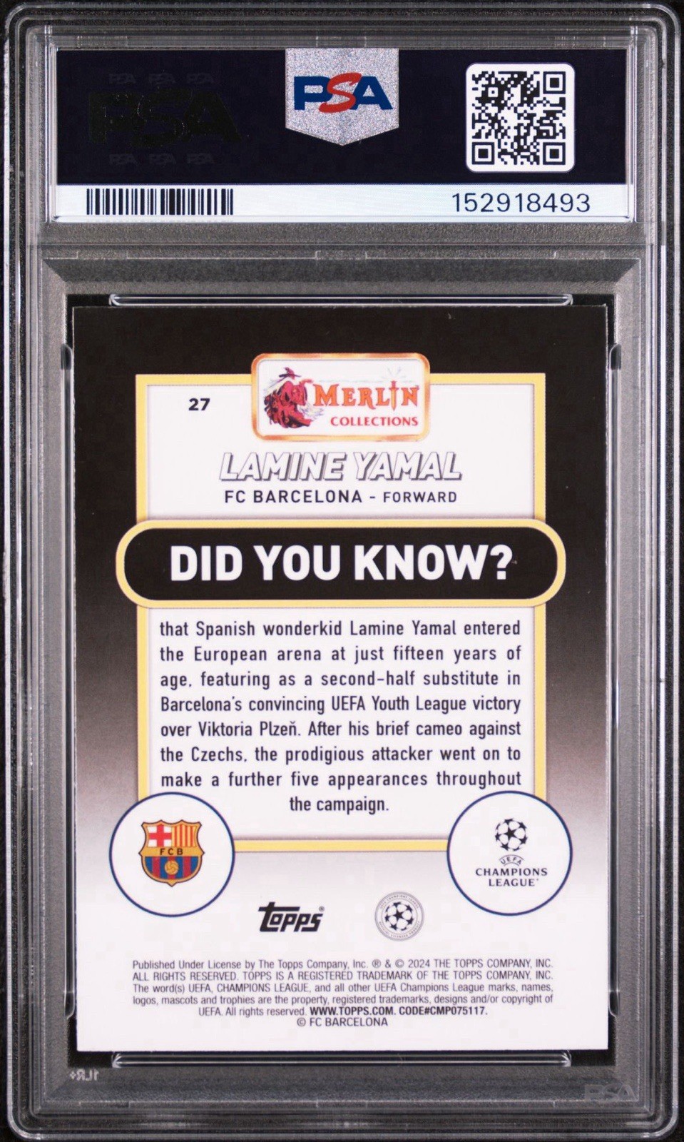 2023-24 TOPPS MERLIN UEFA CLUB COMPETITIONS #27 LAMINE YAMAL ROOKIE RC PSA 9 view 2