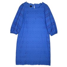 Talbots Womens Eyelet Dress Size 8 Blue Cotton Lined Scalloped Neck 3/4 Sleeve