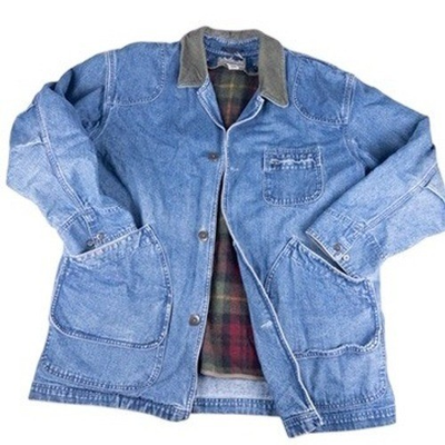 #ad LL Bean Denim Chore Jacket Mens Large Blue Barn Coat Plaid Lined Good Condition $75.00