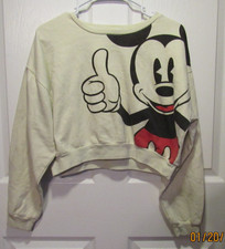 Womens Disney Mickey Mouse Cropped Long Sleeve Sweatshirt Large L Cotton Cream