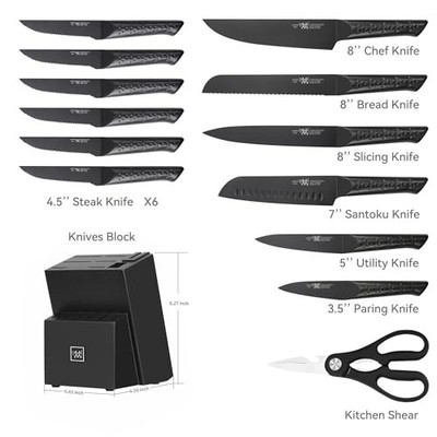 BLACK - HUNTER.DUAL KNIFE SETS FOR KITCHEN WITH BLOCK, 15 PIECE KNIFE SET WITH
