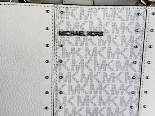 MICHAEL KORS PRATT MEDIUM BUCKET SHOULDER TOTE BAG MK WHITE/SILVER STUDS - Picture 12 of 12