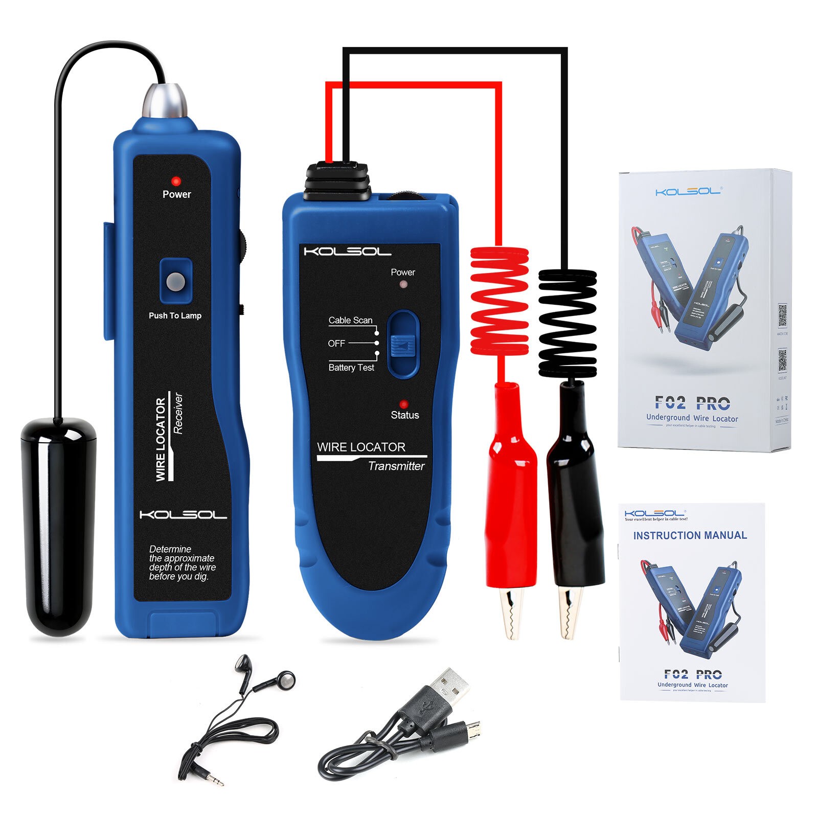 KOLSOL F02 Pro Underground Wire Locator Cable Tester with Battery + Earphones