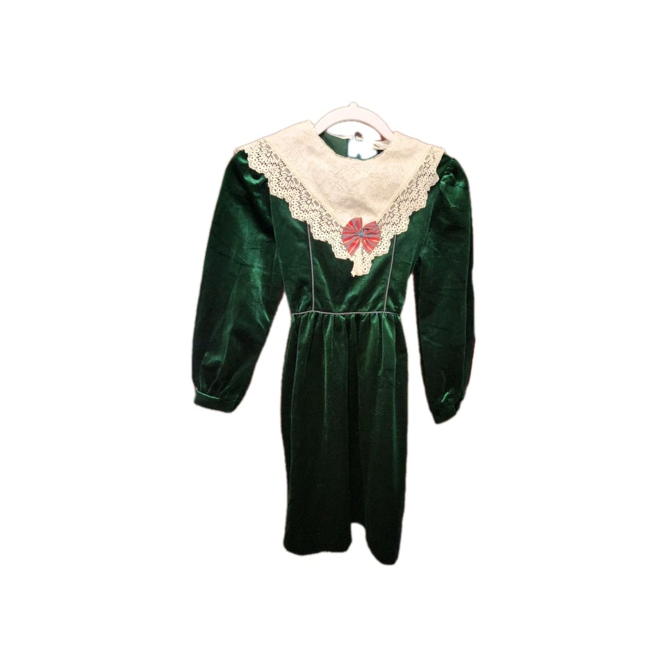 Vintage Rare Editions Christmas Holiday Dress Green Velvet White Lace Sz 14 Bow - Image 3 of 4
