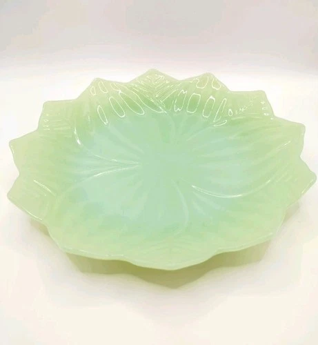 Vintage MCM Fire King Jadeite Lotus Flower Leaf Blossom Dish  Plate 8” Green