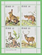 1980 FAUNA and FLORA STAMP SET of 4 IRELAND MINI SHEET DEER FOX HARE ERMINE MNH