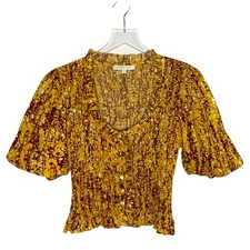 Love the Label XS Abstract Smocked Blouse Gold Scoop Neck Anthropologie Fall