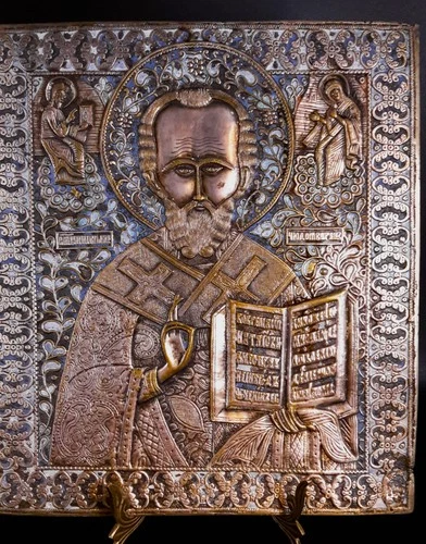 Rare silver plated Russian orthodox bronze icon Saint Nicholas Chudotvorets.