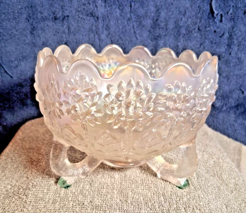 ANTIQUE FENTON FENTONS FLOWERS  FROSTY WHITE CARNIVAL GLASS NUT BOWL- RARE COLOR
