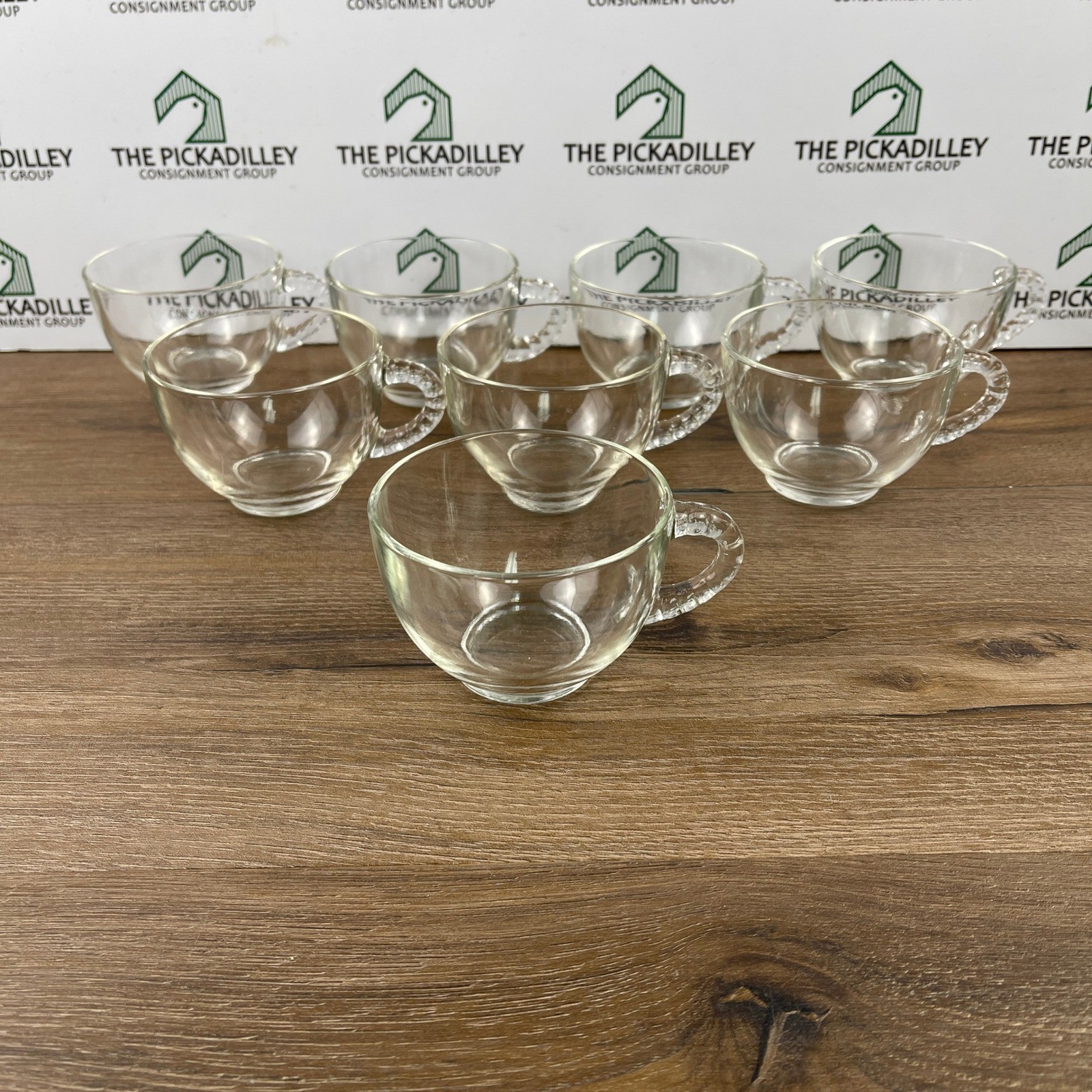 Set of 8 Vintage Clear Glass Tea Cups with Textured Beaded Handles MCM