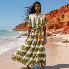 ALÉMAIS Wallis Midi Dress Size 12 AU/UK 8 US Belted Floral Ramie Relaxed Tiered