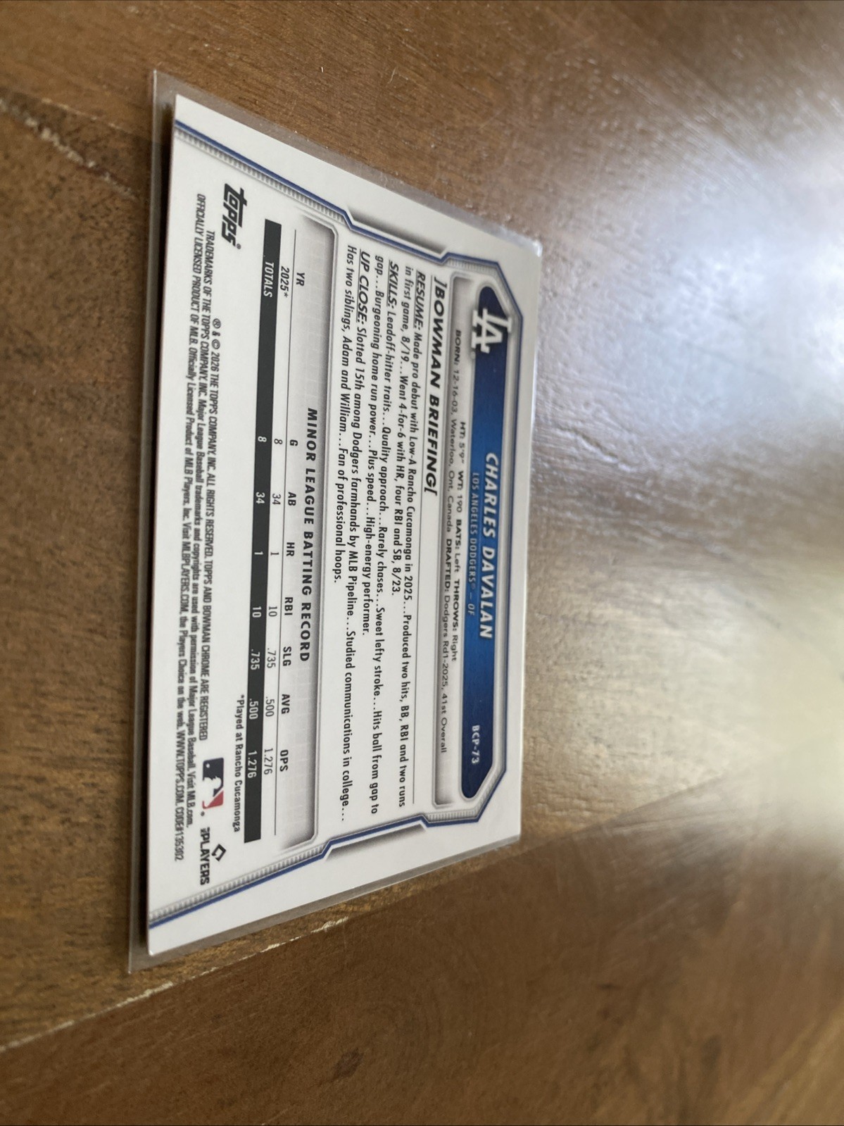 2026 Bowman - Chrome Prospects - Charles Davalan - Yellow Refractor - 60/75 view 11