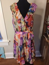 Adrianna Papell Dress Women Floral Print Fit Flare Sleeveless Size 14 Ruffle