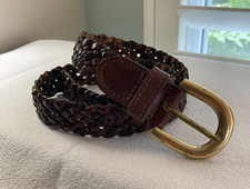 VTG Unisex Brown Leather Woven Belt Made in India 98778B Brass Buckle Sz M 36"