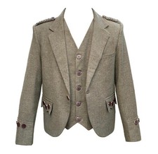Men's Scottish Olive Green Tweed Wool Argyle Kilt Jacket Vest Set
