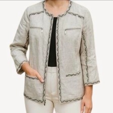 Chicos 2 US Large 12 Linen Blend Jacket Snakeskin Trim Open Front Zipper Pockets