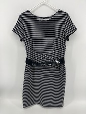 AGB Belted Stretch Sheath Dress Womens Size 14 Black White Stripes Fast Shipping