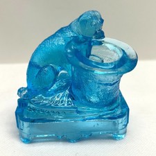 ANT EAPG Blue Glass Dog wTop Hat Toothpick Match Holder Figurine Belmont 1885 EC