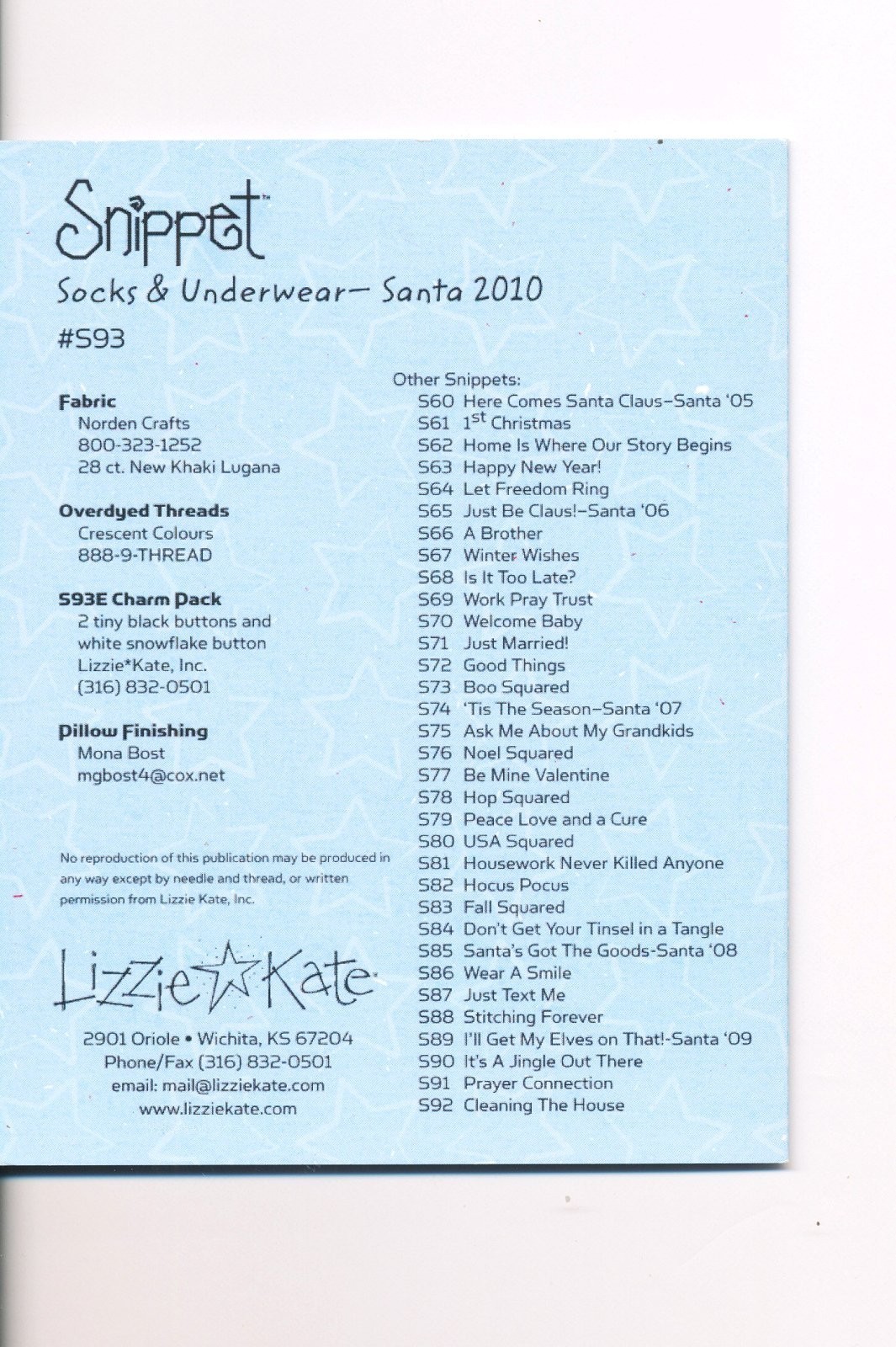 Lizzie Kate SOCKS & UNDERWEAR - SANTA 2010 Cross Stitch Leaflet Only ~ Christmas