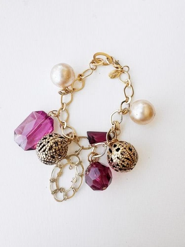 vintage costume jewelry, signed gold tone rhinestone simulated pearl charm brace