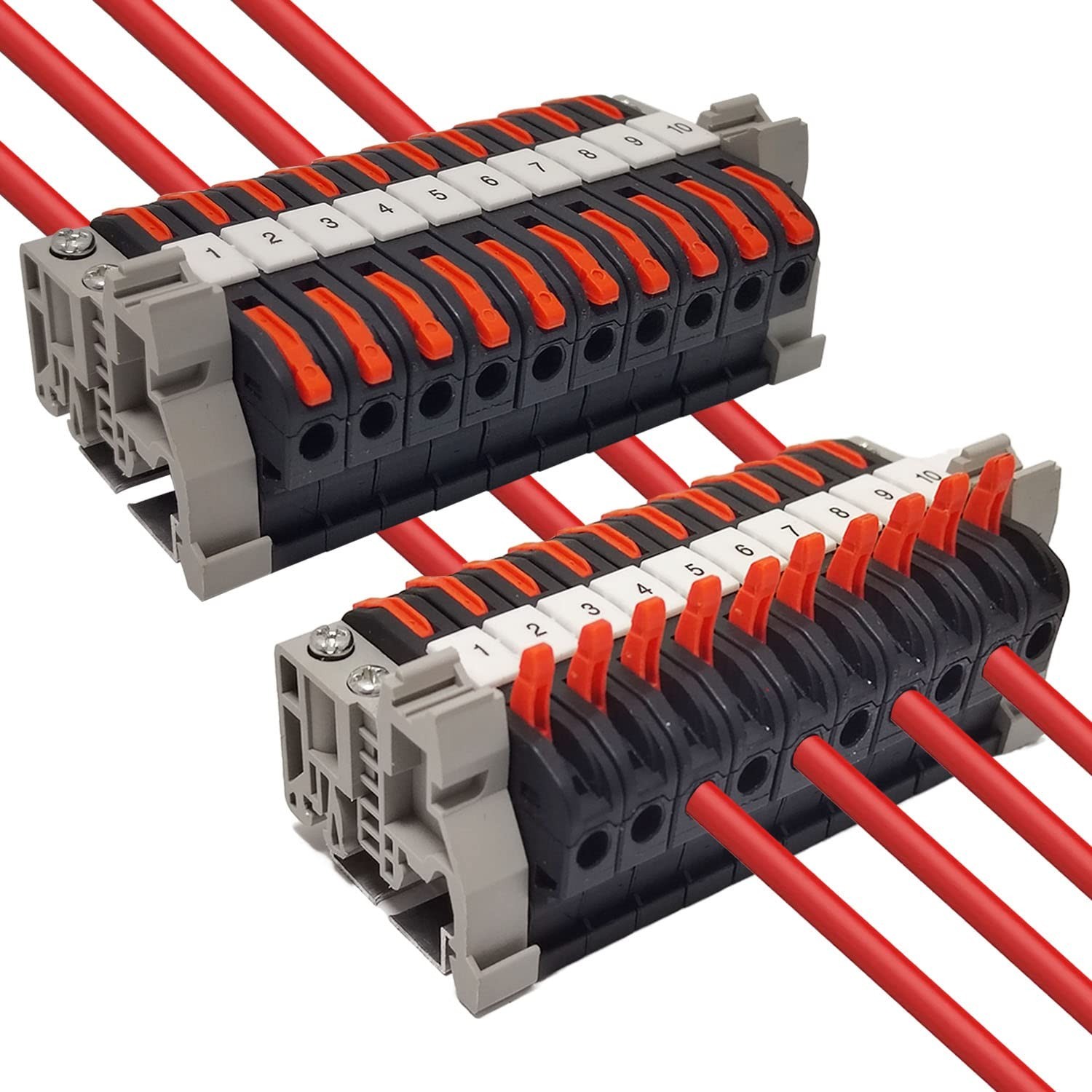 20 Pieces DIN Rail Terminal Blocks kit, Red/Black 20 Gang with Jumpers DIN Ra...