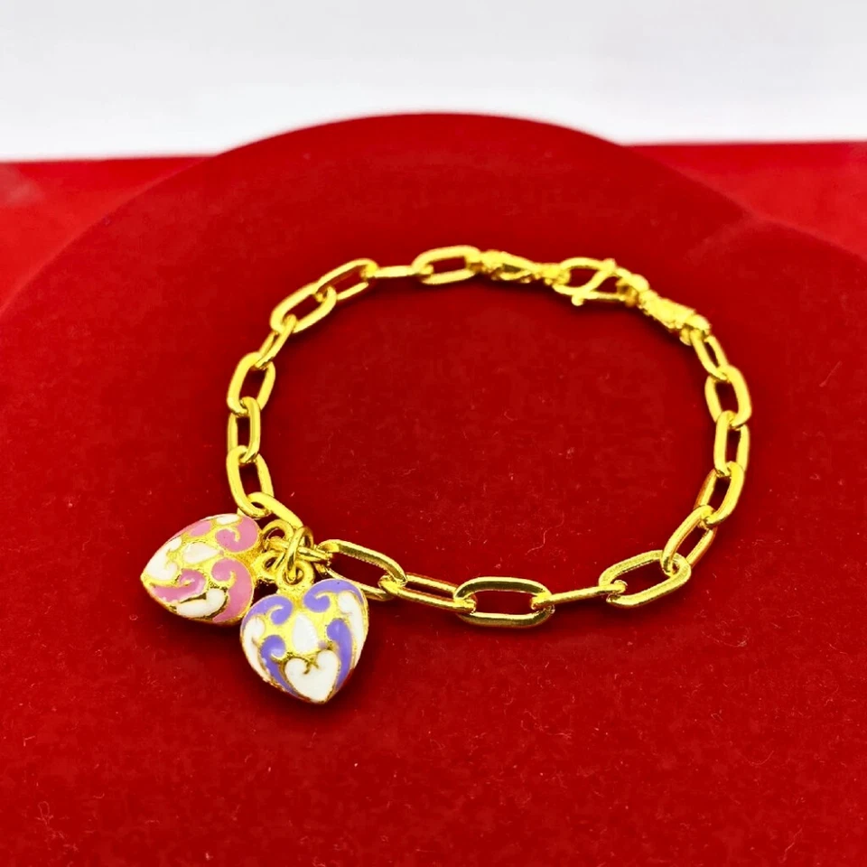 Bracelet Chain Double Heart Pendant 23k 24k Thai Baht Gold Plated Jewelry Women - Image 4 of 4