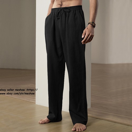 Mens Cotton Linen Loose Trousers Wide Leg Elastic Waist Casual Loose Pants S-3XL - Picture 11 of 55