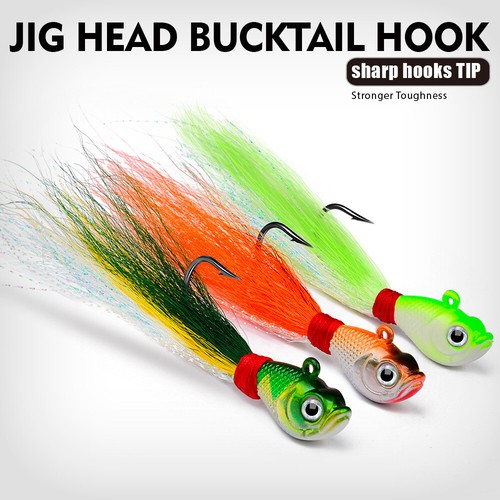 5PCS Bucktail Jigs Fluck Lures Lead Teaser Jig Head Fishing Lures Bass 1/4oz-2oz - Picture 4 of 20